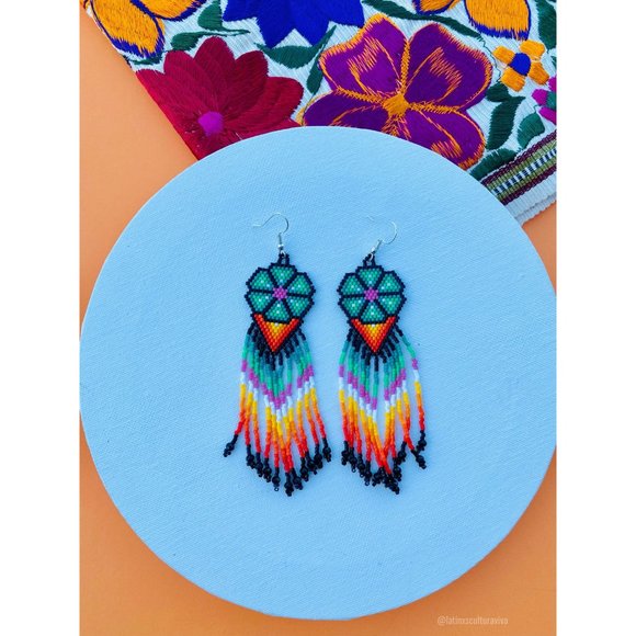 Mexican Earrings Huichol Earrings Floral Mexican Earrings, Boho Floral Earrings, - Picture 2 of 7